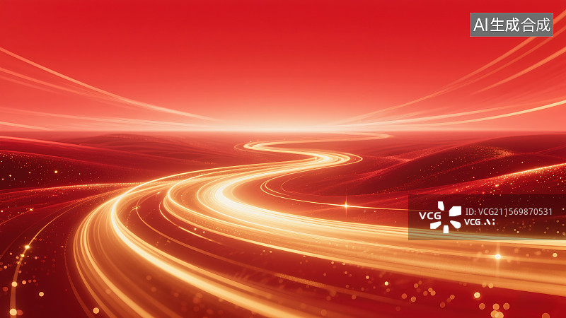 【AI数字艺术】金色光束线条形成动态光轨中国红背景，高端会议活动主视觉背景图片素材