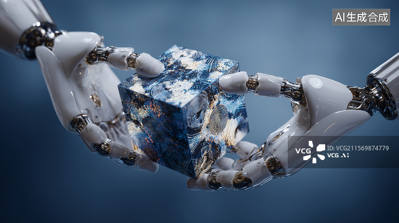 【AI数字艺术】人工智能机械臂手持卡片和芯片图片素材
