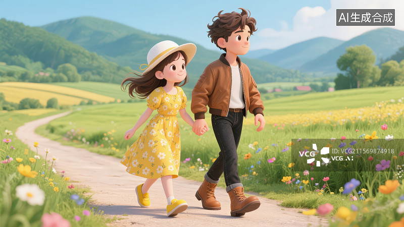 【AI数字艺术】户外田园小路上一对情侣手牵手幸福浪漫场景，七夕情人节海报插画背景图片素材
