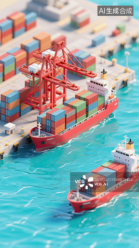 【AI数字艺术】集装箱码头，货物集装箱，远洋邮轮，微缩景观，插画图片素材