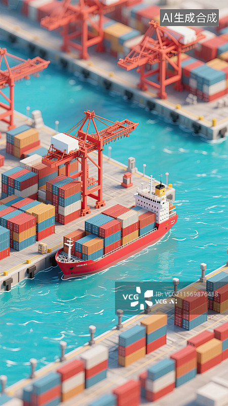 【AI数字艺术】集装箱码头，货物集装箱，远洋邮轮，微缩景观，插画图片素材