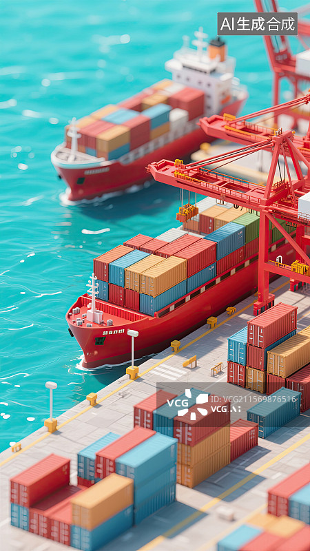 【AI数字艺术】集装箱码头，货物集装箱，远洋邮轮，微缩景观，插画图片素材