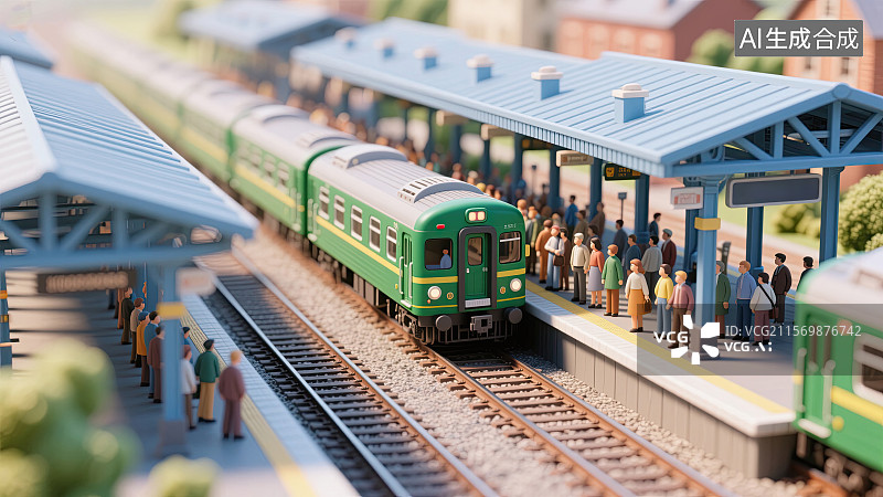 【AI数字艺术】人群，绿皮火车，站台，微缩景观，插画图片素材