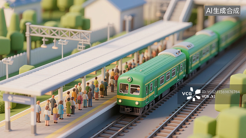 【AI数字艺术】人群，绿皮火车，站台，微缩景观，插画图片素材