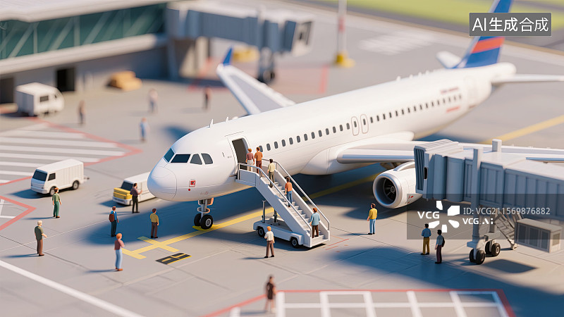 【AI数字艺术】3D，人群，机场，上飞机，微缩景观图片素材