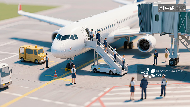 【AI数字艺术】3D，人群，机场，上飞机，微缩景观图片素材