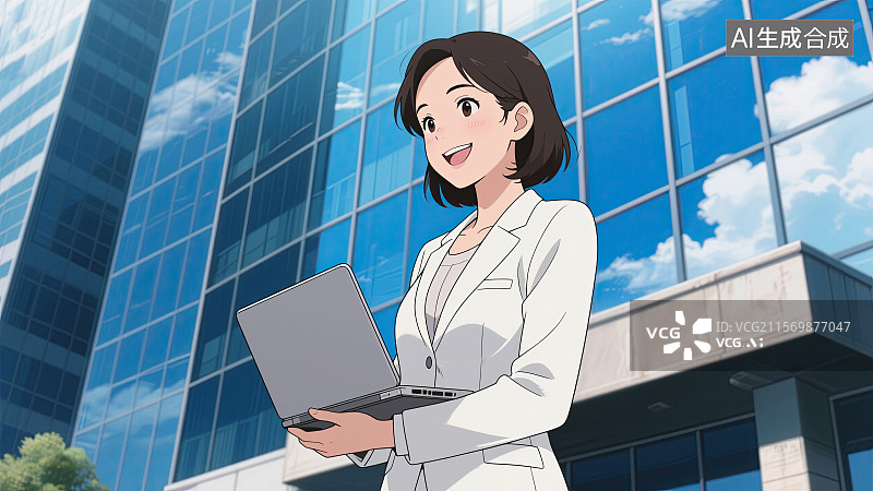 【AI数字艺术】白色西装，商务，美女，电脑，办公插画图片素材