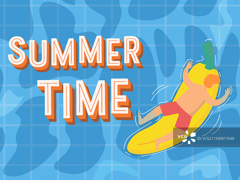 男人在游泳池里放松，坐在充气香蕉上图片素材