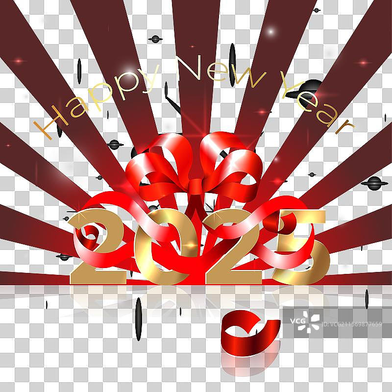 2025年快乐，新年25个闪亮的金色2025和红色蝴蝶结图片素材