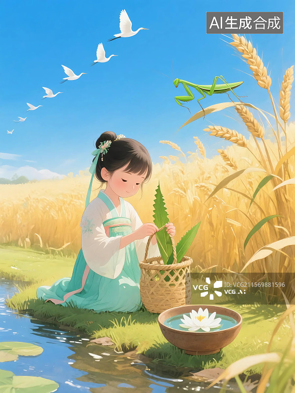 【AI数字艺术】芒种时节古风场景，女子溪边劳作，麦浪金黄，白鹭翱翔，充满田园诗意图片素材
