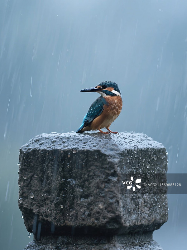下雨天站立在石柱上的翠鸟图片素材