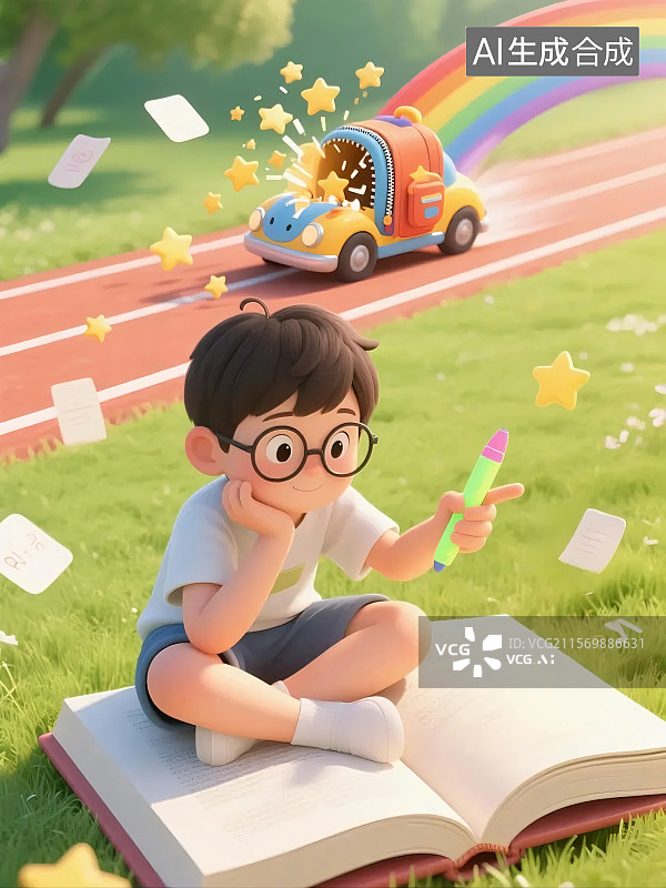 【AI数字艺术】展现暑假中孩子借助学习实现 “弯道超车”，充满励志向上氛围图片素材