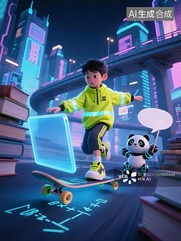 【AI数字艺术】暑假主题插画，少年借科技元素滑板学习，展现 “弯道超车” 愿景图片素材
