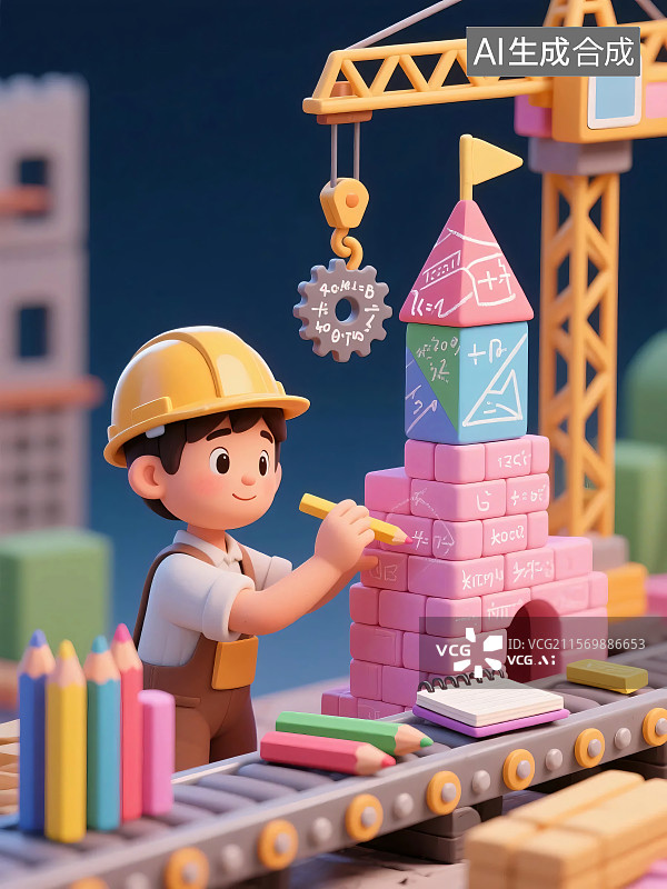 【AI数字艺术】以童趣场景展现暑假数学学习，孩子用积木搭建，融入运算元素，寓意知识积累 。图片素材