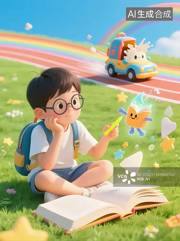 【AI数字艺术】展现暑假中孩子借助学习实现 “弯道超车”，充满励志向上氛围图片素材