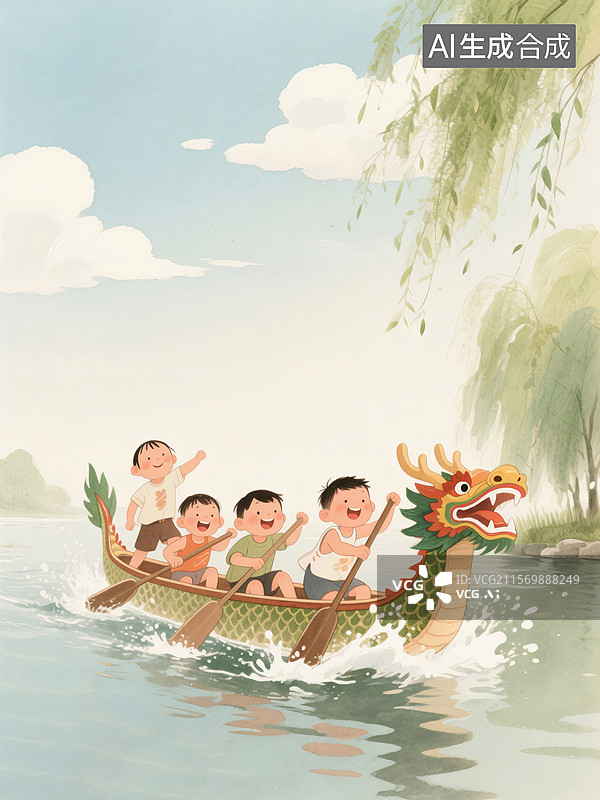 【AI数字艺术】四个小朋友划着龙舟在河上嬉戏，背景是蓝天白云和垂柳图片素材