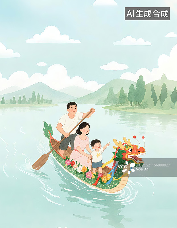 【AI数字艺术】一家人在湖上划龙舟，背景是青山绿水和蓝天白云图片素材