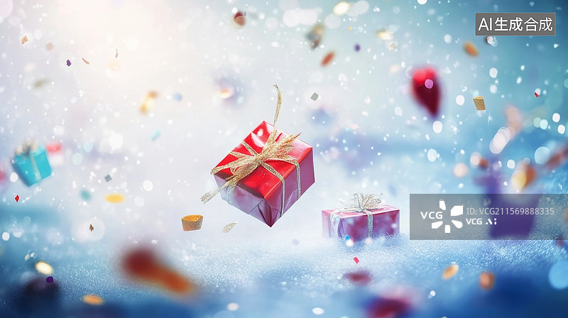 【AI数字艺术】节日礼物盒飘浮在雪中图片素材