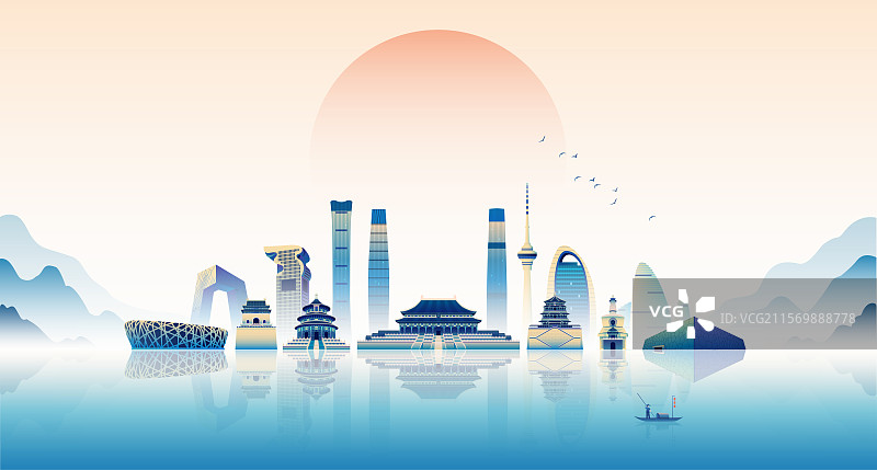 北京城市渐变扁平矢量插画图片素材