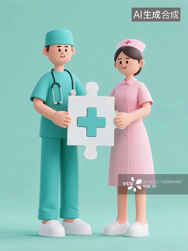 【AI数字艺术】3D 风格展现医护团队，以十字拼图象征合作，凸显医疗救助中的协作精神图片素材