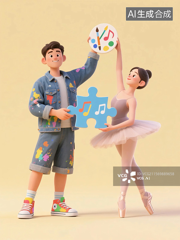 【AI数字艺术】3D 风格展现艺术领域团队，以音符、画笔图案拼图象征艺术合作与创意 。图片素材