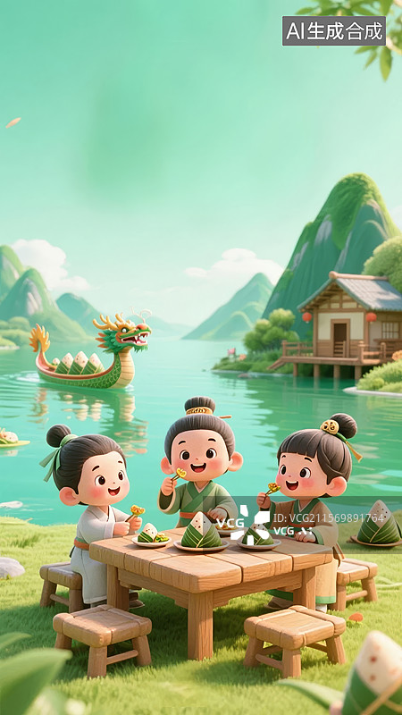 【AI数字艺术】端午节儿童一起吃粽子3D卡通插画图片素材