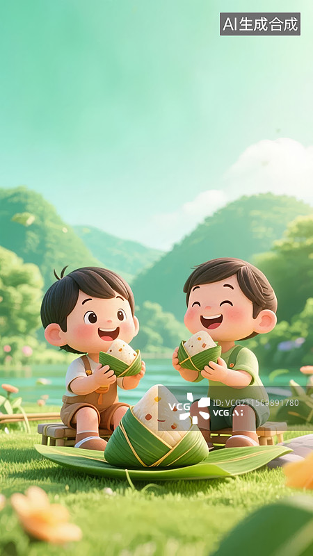 【AI数字艺术】端午节儿童一起吃粽子3D卡通插画图片素材