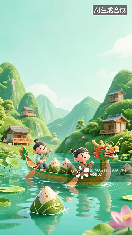 【AI数字艺术】端午节儿童划龙舟3D卡通插画图片素材