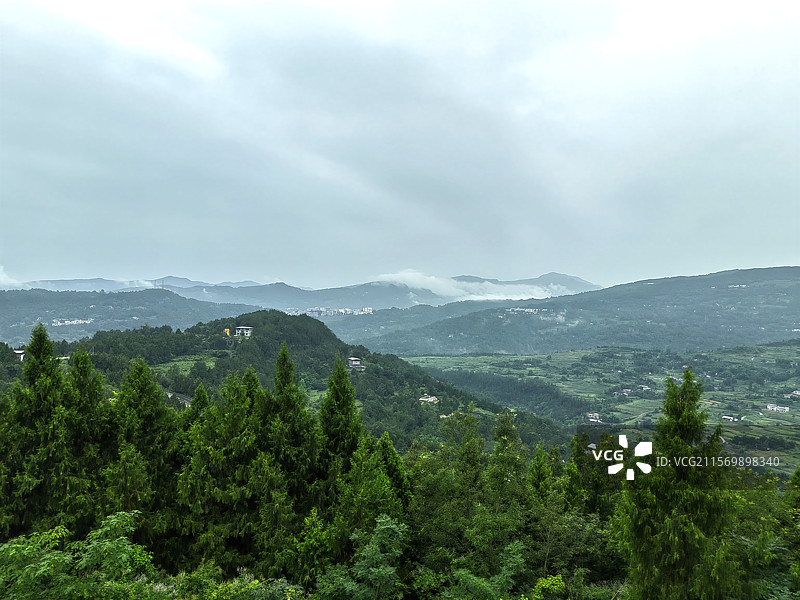 群山起伏绿色森林平流雾云海图片素材