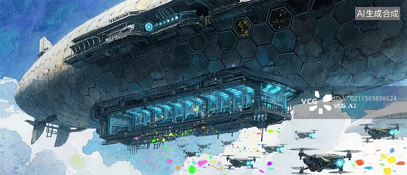 【AI数字艺术】未来科技飞艇与无人机群图片素材