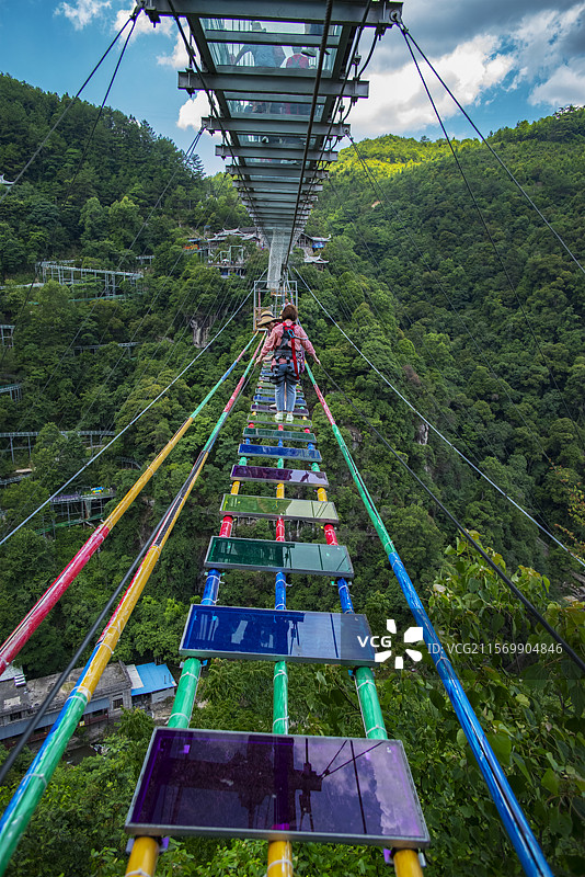两位女游客勇敢快乐地行走在侠天下上层行人如织的透明玻璃桥下方的左右剧烈摇晃中的下层钢索桥多彩玻璃板上图片素材