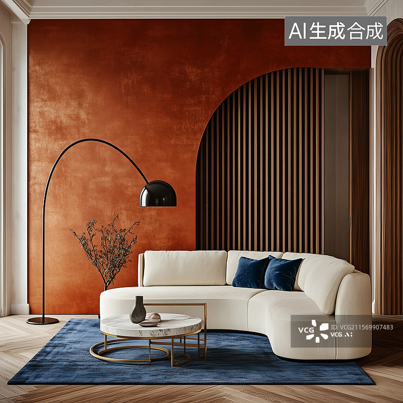 【AI数字艺术】现代极简客厅的暖调艺术韵味图片素材