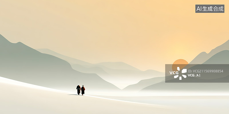 【AI数字艺术】极简风老年夫妻相互搀扶行走在黄昏夕阳风景中插画——重阳节主题插画图片素材