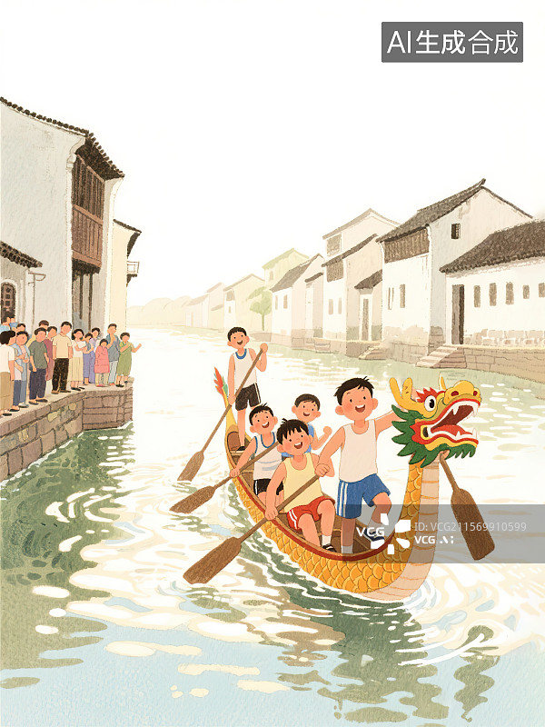 【AI数字艺术】端午节遇上61儿童节 传统节日习俗赛龙舟比赛小朋友和同学伙伴参加活动 江南水乡场景岸边人群加油庆祝图片素材