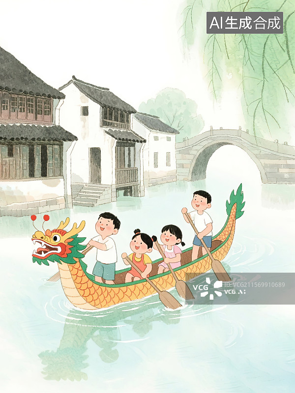 【AI数字艺术】端午节遇上61儿童节 传统节日习俗赛龙舟比赛小朋友和同学伙伴参加活动 手绘彩铅水彩画风格江南水乡场景图片素材