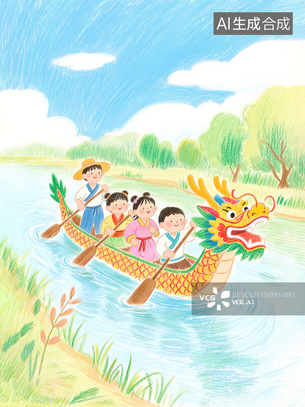 【AI数字艺术】端午节遇上61儿童节 传统节日习俗赛龙舟比赛小朋友和同学伙伴参加活动手绘彩铅蜡笔画速写风格水河流岸边图片素材