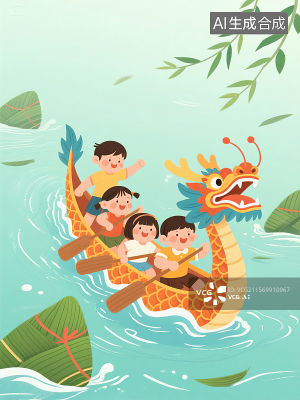 【AI数字艺术】端午节遇上61儿童节 传统节日习俗赛龙舟比赛小朋友和同学伙伴参加活动加油庆祝卡通绘本插图绘画粽子装饰图片素材