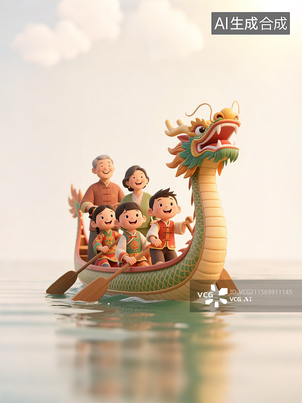 【AI数字艺术】端午节遇上61儿童节传统节日习俗赛龙舟比赛小朋友和爷爷奶奶兄弟姐妹家人参加活动 3D三维立体渲染风格图片素材