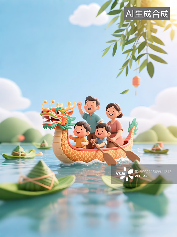 【AI数字艺术】端午节遇上61儿童节 传统节日习俗赛龙舟比赛小朋友和父母兄弟家人参加活动 3D三维立体渲染风格粽子船图片素材