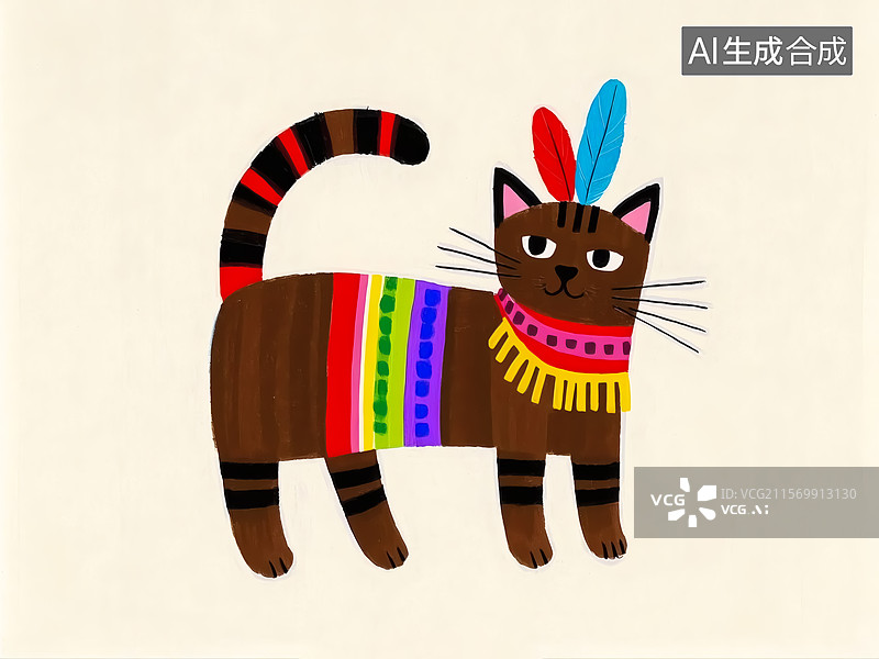 【AI数字艺术】印第安小猫插画图片素材