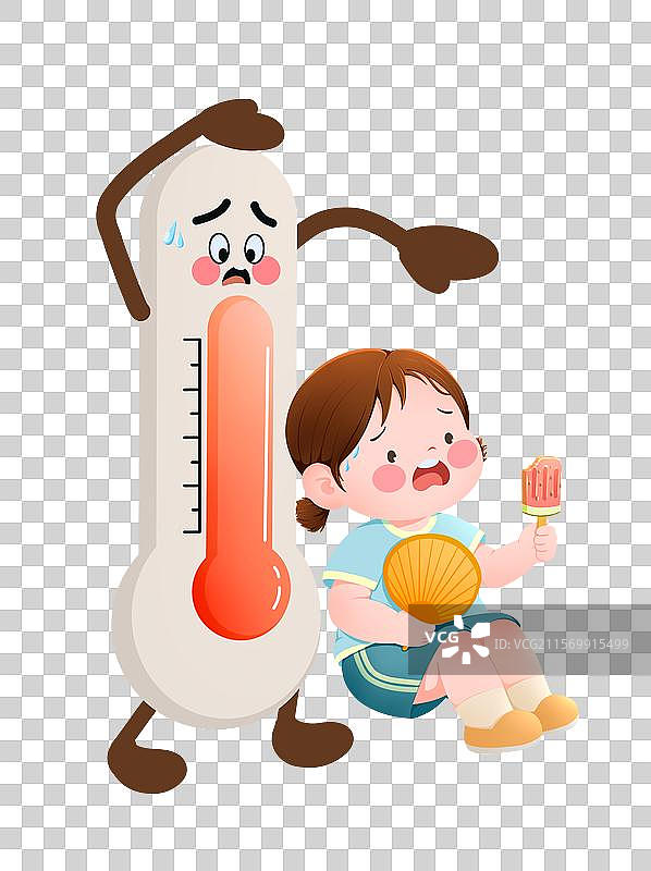 手绘卡通插画风儿童吃冰棒扇扇子图片素材