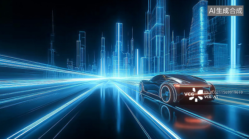 【AI数字艺术】一辆未来派汽车在城市景观中疾驰而过图片素材