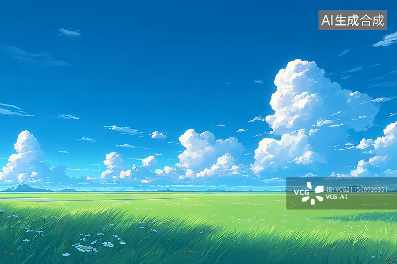 【AI数字艺术】蓝天白云，绿草如茵，动漫风格图片素材
