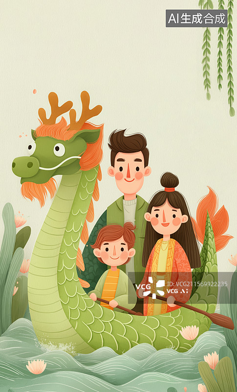 【AI数字艺术】孩子与家人一起在端午节划龙舟的家庭温馨场景图片素材