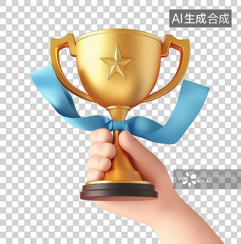【AI数字艺术】3D三维手捧黄金冠军奖杯手势语元素图片素材