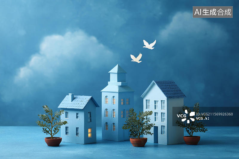 【AI数字艺术】蓝色背景下的纸艺小镇模型图片素材