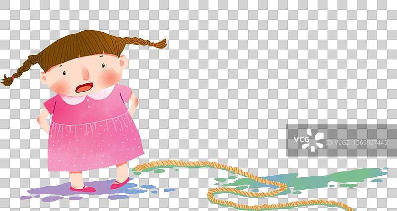 免抠元素 PNG人物插画 一个扎着辫子的女孩看着地上的绳子图片素材