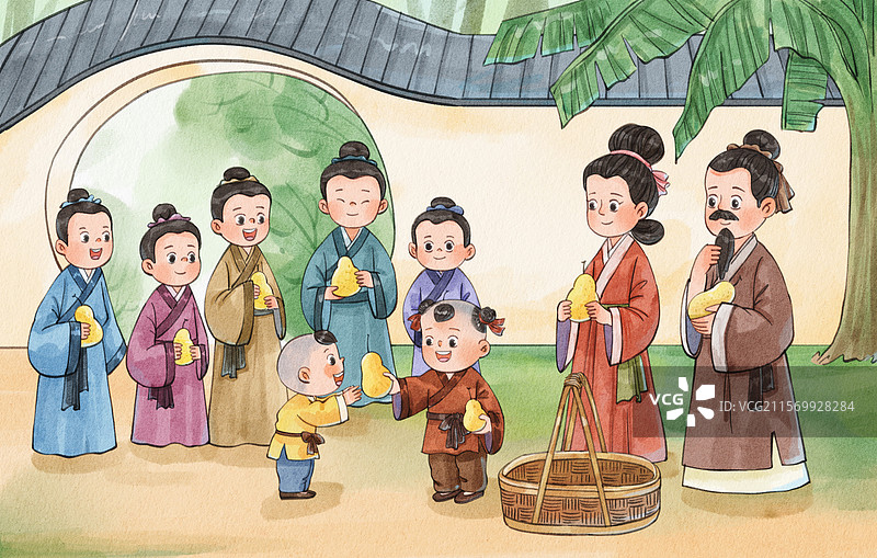 手绘水彩成语故事之孔融让梨古风插画图片素材