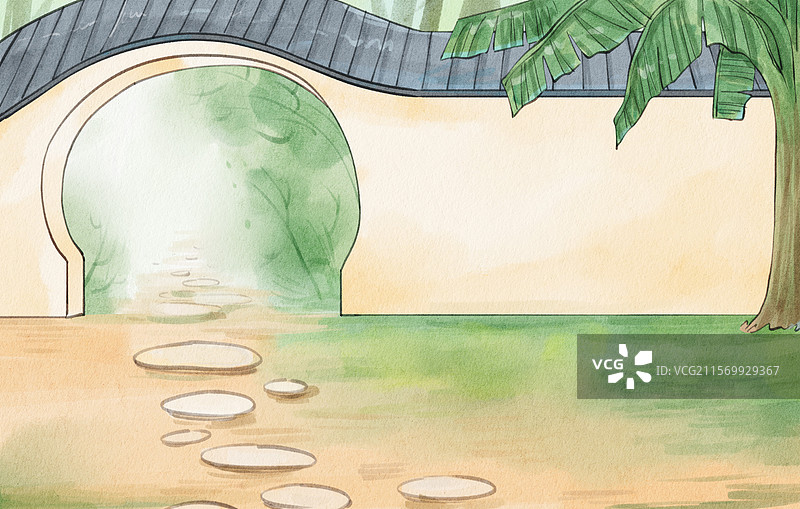 手绘水彩中国风庭院芭蕉树与地板石头背景图片素材