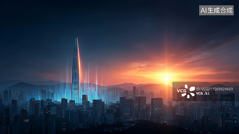 【AI数字艺术】城市天际线上的日出，图表在天空中透明地升起图片素材